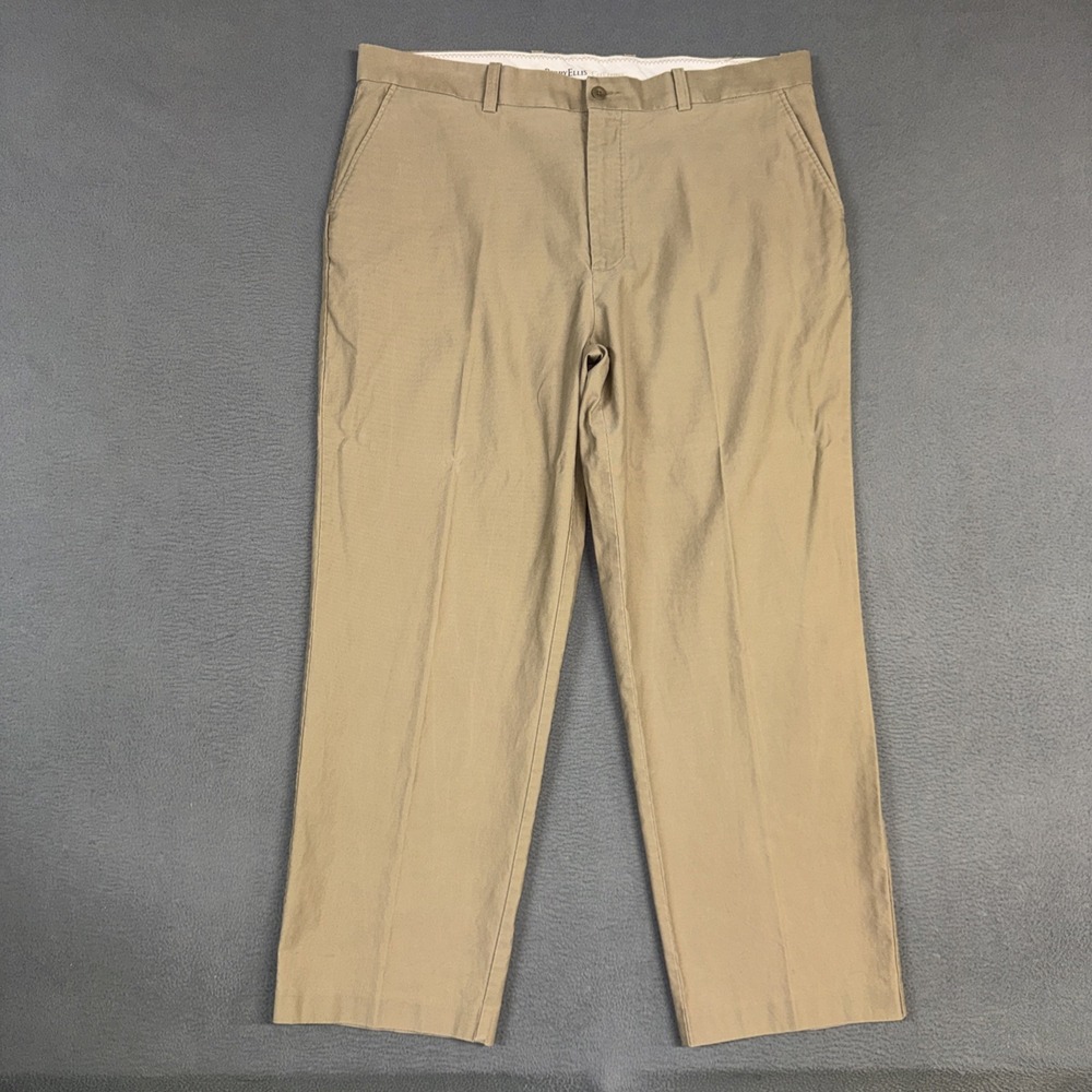 Perry Ellis Pants Mens 40x30 Brown Relaxed Fit Flat Front Trouser 100% Cotton